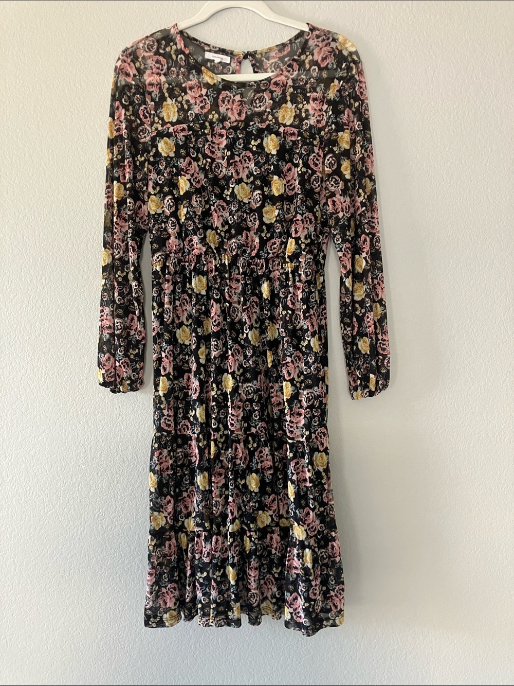 Maurices Black Floral Midi Dress with Pink & Yellow Roses